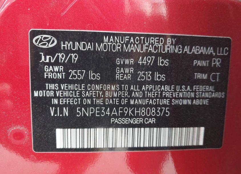 Photo 9 of 2019 Hyundai Sonata SPORT (VIN 5NPE34AF9KH808375)