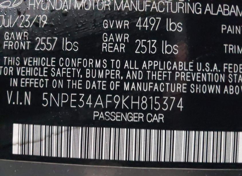 Photo 9 of 2019 Hyundai Sonata SPORT (VIN 5NPE34AF9KH815374)