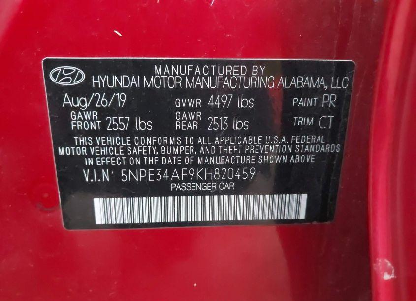 Photo 9 of 2019 Hyundai Sonata LIMITED/SEL/SPORT (VIN 5NPE34AF9KH820459)