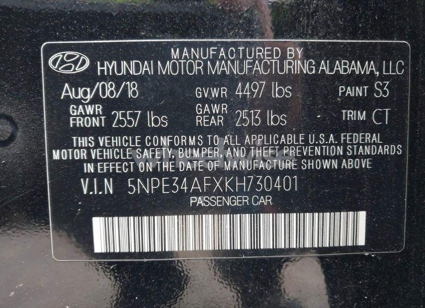 Photo 9 of 2019 Hyundai Sonata SEL (VIN 5NPE34AFXKH730401)