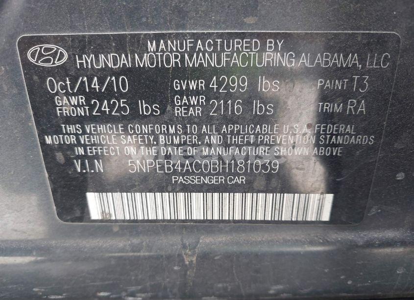 Photo 9 of 2011 Hyundai Sonata GLS (VIN 5NPEB4AC0BH181039)