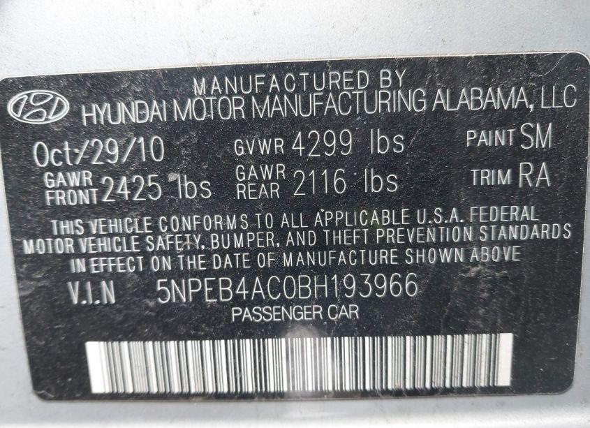 Photo 9 of 2011 Hyundai Sonata GLS (VIN 5NPEB4AC0BH193966)