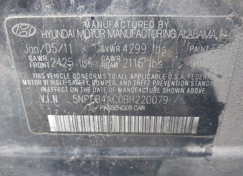 Photo 9 of 2011 Hyundai Sonata GLS (VIN 5NPEB4AC0BH220079)