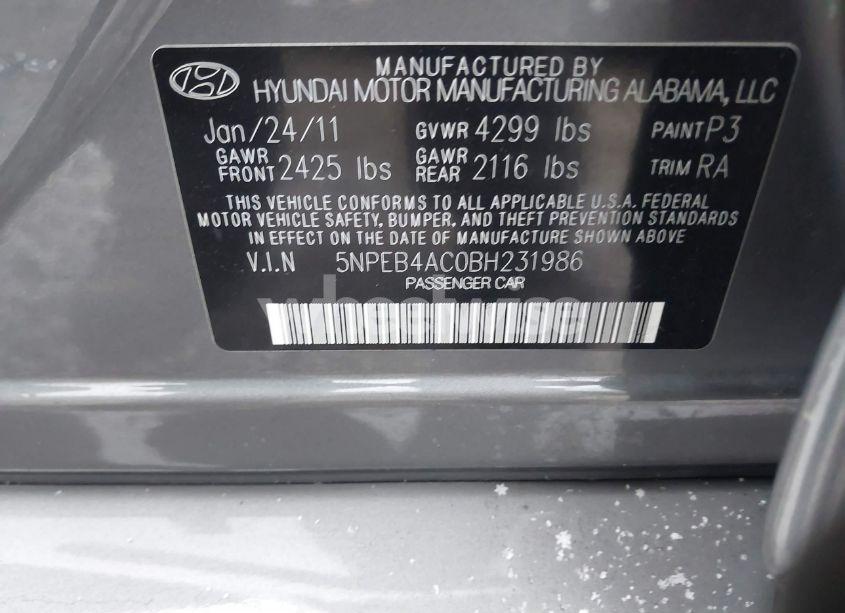Photo 9 of 2011 Hyundai Sonata (VIN 5NPEB4AC0BH231986)