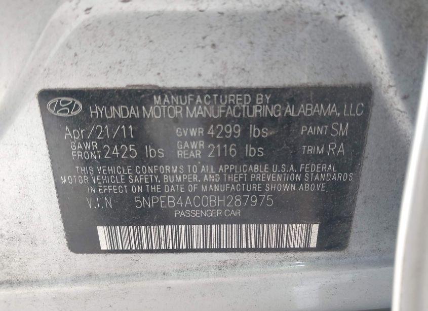Photo 9 of 2011 Hyundai Sonata GLS (VIN 5NPEB4AC0BH287975)