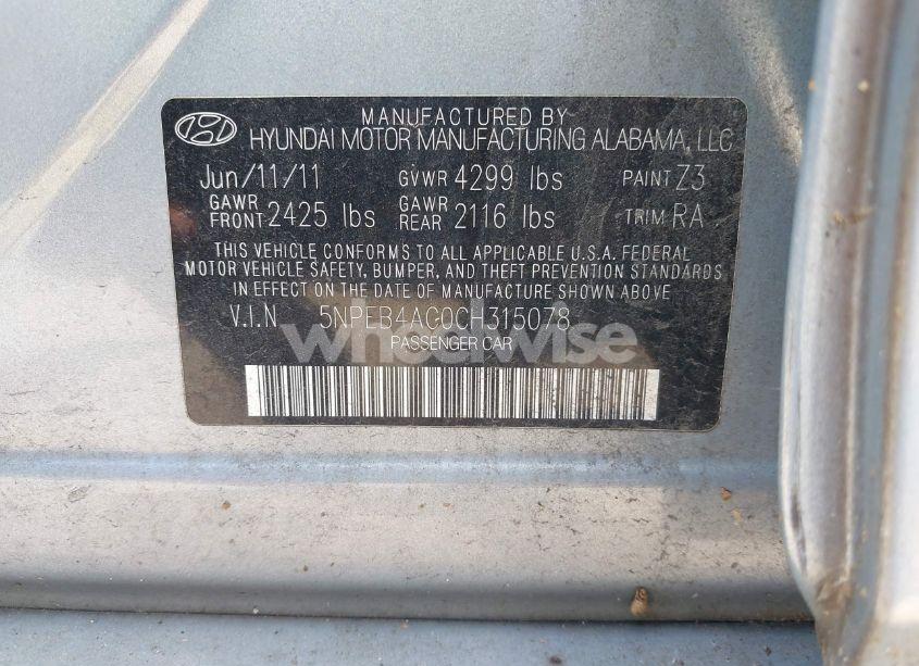 Photo 9 of 2012 Hyundai Sonata GLS (VIN 5NPEB4AC0CH315078)