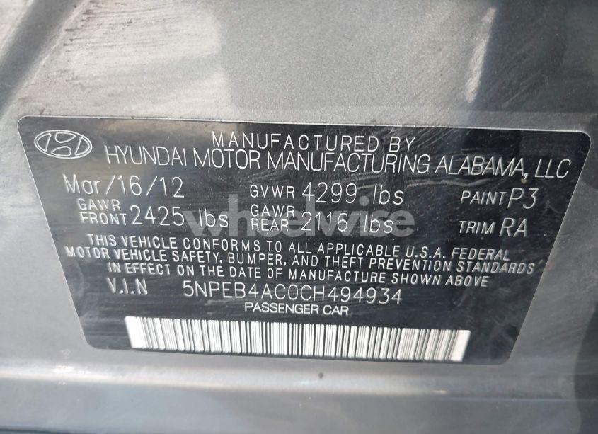Photo 9 of 2012 Hyundai Sonata GLS (VIN 5NPEB4AC0CH494934)