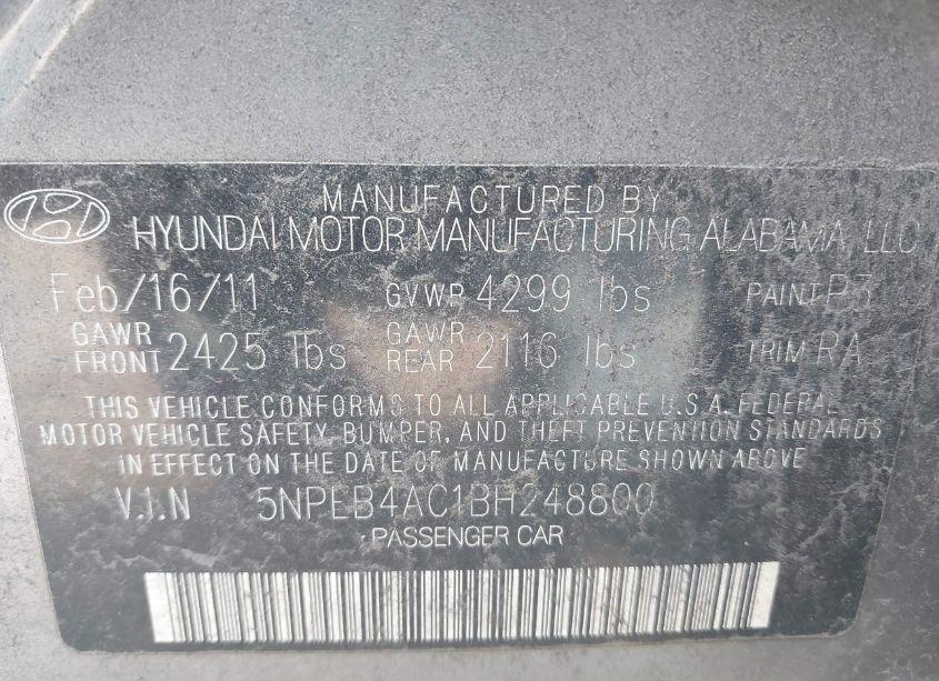 Photo 9 of 2011 Hyundai Sonata GLS (VIN 5NPEB4AC1BH248800)