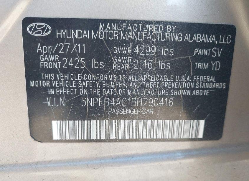 Photo 9 of 2011 Hyundai Sonata GLS (VIN 5NPEB4AC1BH290416)