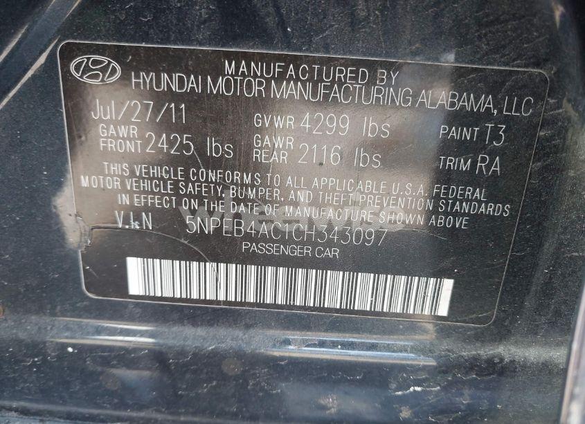 Photo 9 of 2012 Hyundai Sonata GLS (VIN 5NPEB4AC1CH343097)