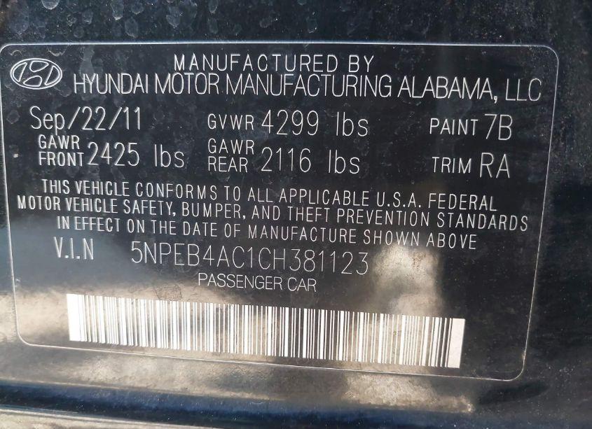 Photo 9 of 2012 Hyundai Sonata GLS (VIN 5NPEB4AC1CH381123)