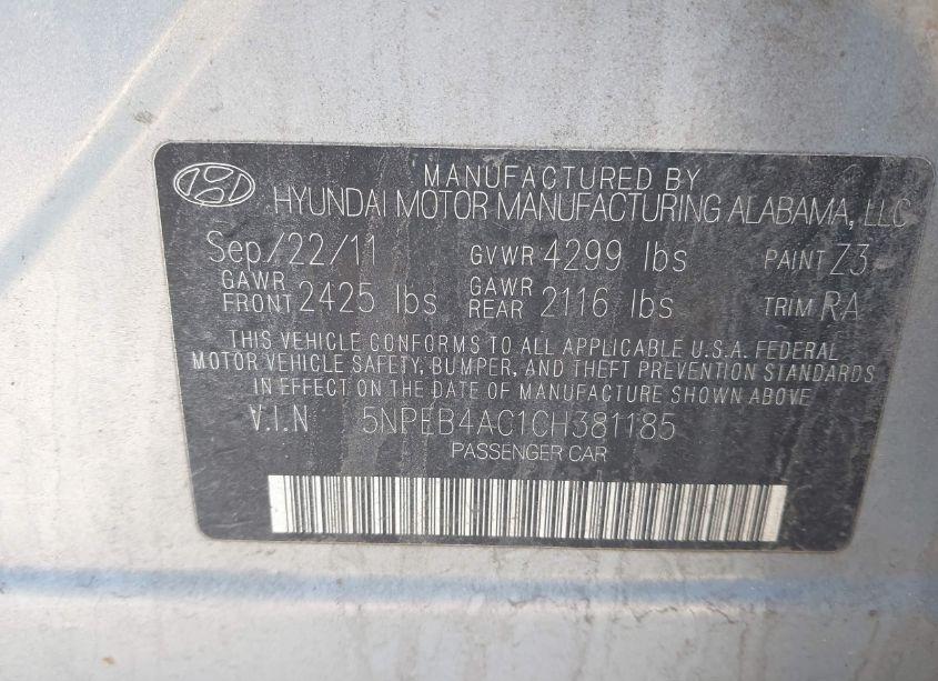 Photo 9 of 2012 Hyundai Sonata GLS (VIN 5NPEB4AC1CH381185)