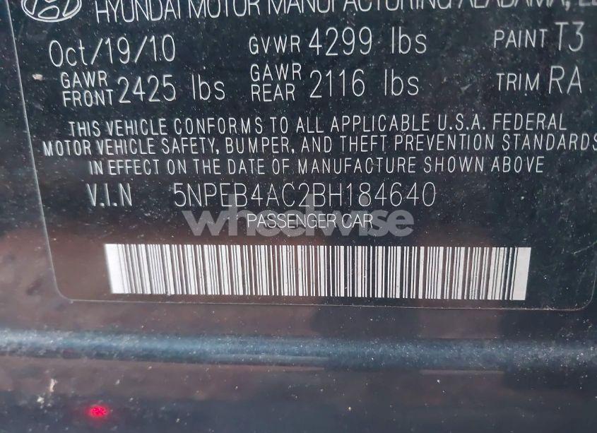 Photo 9 of 2011 Hyundai Sonata GLS (VIN 5NPEB4AC2BH184640)