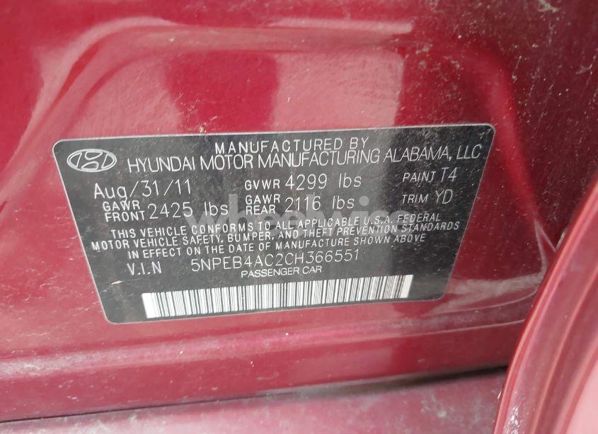 Photo 9 of 2012 Hyundai Sonata GLS (VIN 5NPEB4AC2CH366551)