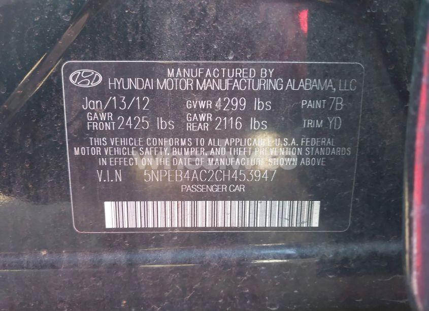 Photo 9 of 2012 Hyundai Sonata GLS (VIN 5NPEB4AC2CH453947)