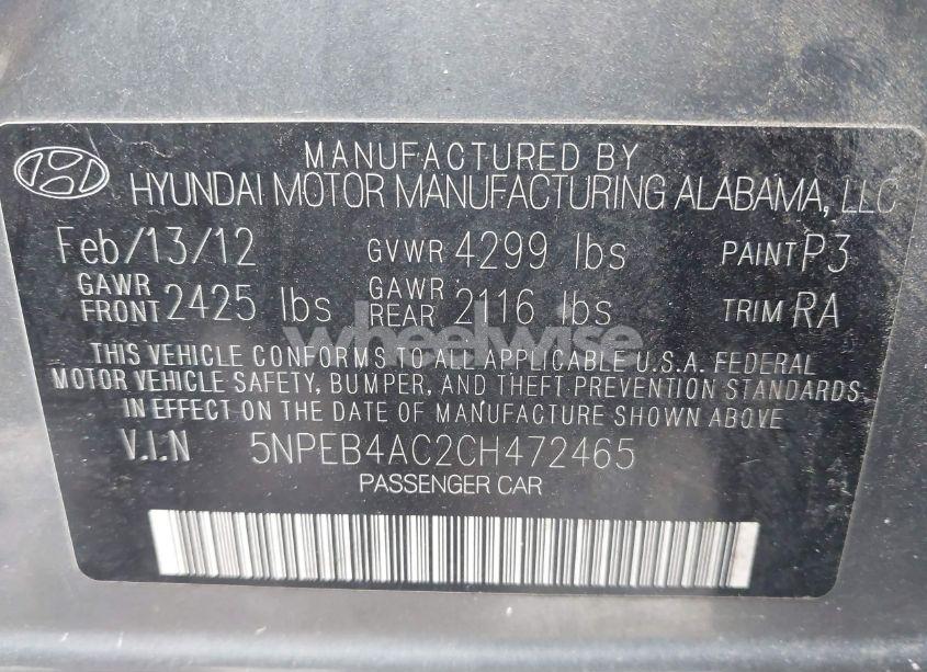 Photo 9 of 2012 Hyundai Sonata GLS (VIN 5NPEB4AC2CH472465)