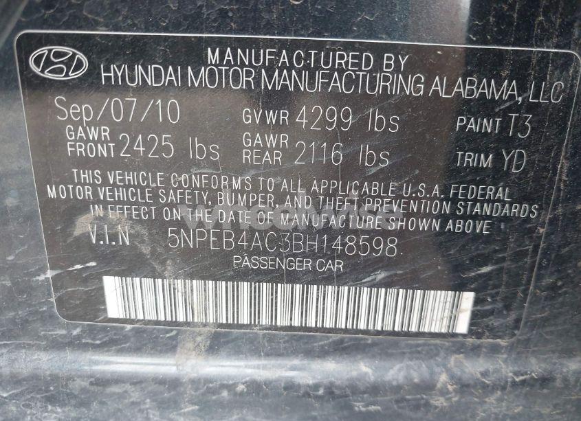 Photo 9 of 2011 Hyundai Sonata GLS (VIN 5NPEB4AC3BH148598)