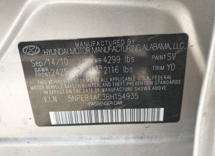 Photo 9 of 2011 Hyundai Sonata GLS (VIN 5NPEB4AC3BH154935)