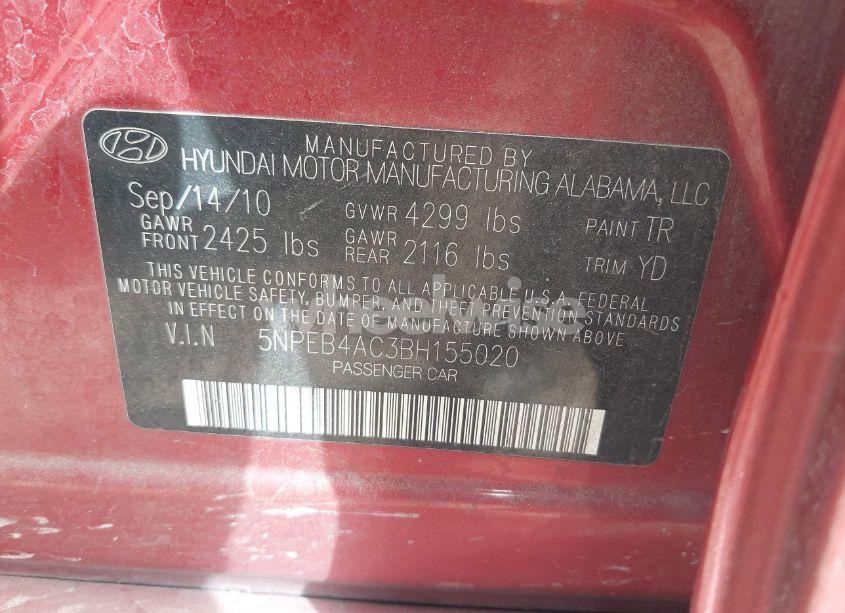 Photo 9 of 2011 Hyundai Sonata GLS (VIN 5NPEB4AC3BH155020)