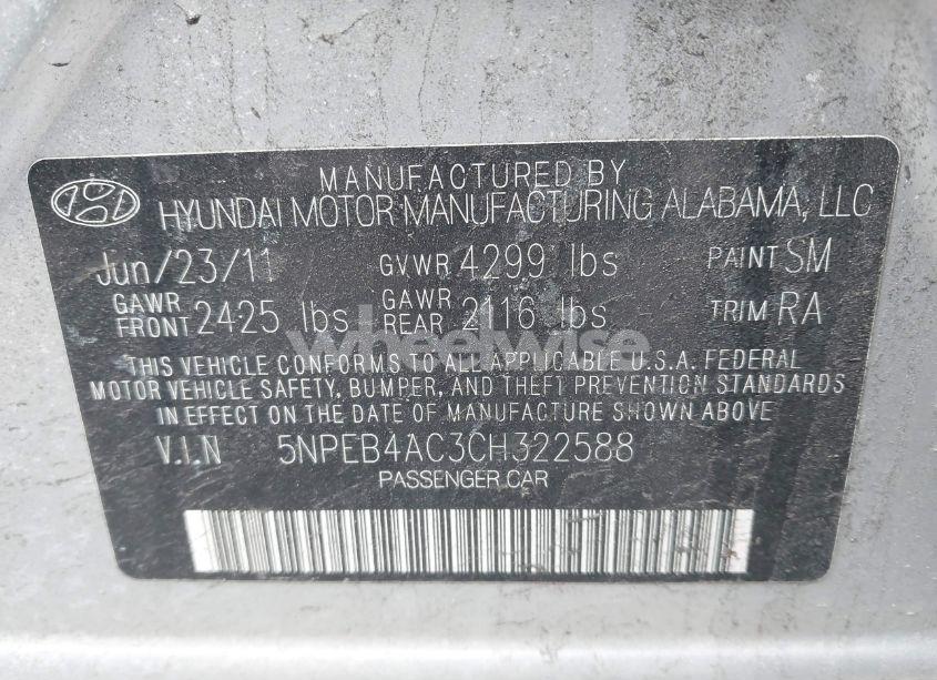 Photo 9 of 2012 Hyundai Sonata GLS (VIN 5NPEB4AC3CH322588)