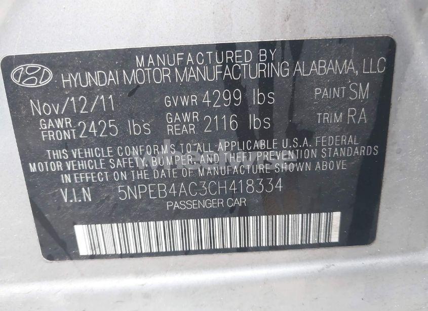 Photo 9 of 2012 Hyundai Sonata GLS (VIN 5NPEB4AC3CH418334)