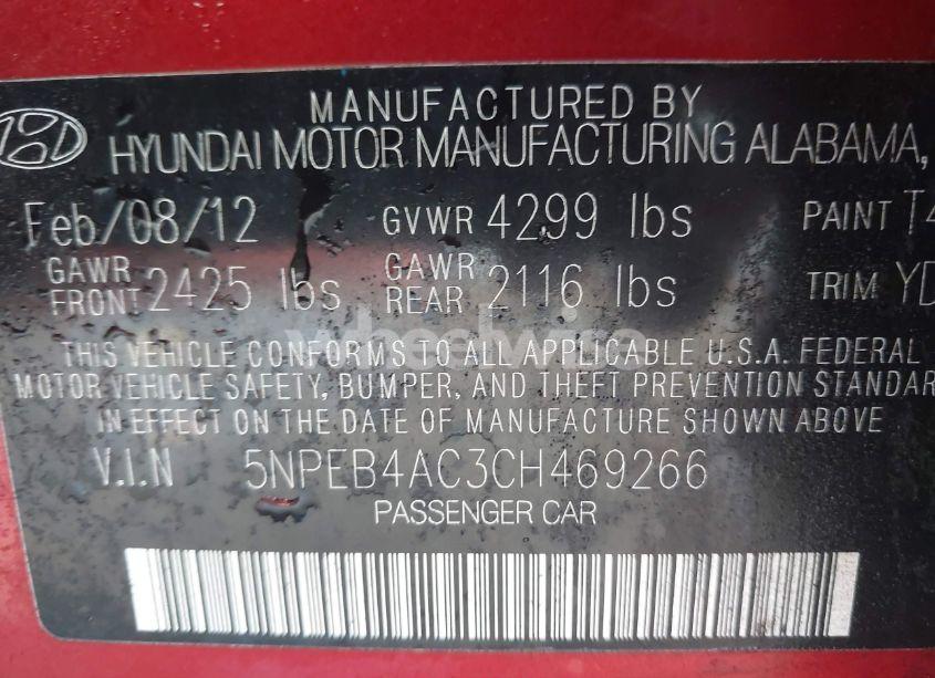 Photo 9 of 2012 Hyundai Sonata GLS (VIN 5NPEB4AC3CH469266)