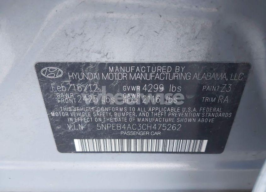 Photo 9 of 2012 Hyundai Sonata GLS (VIN 5NPEB4AC3CH475262)