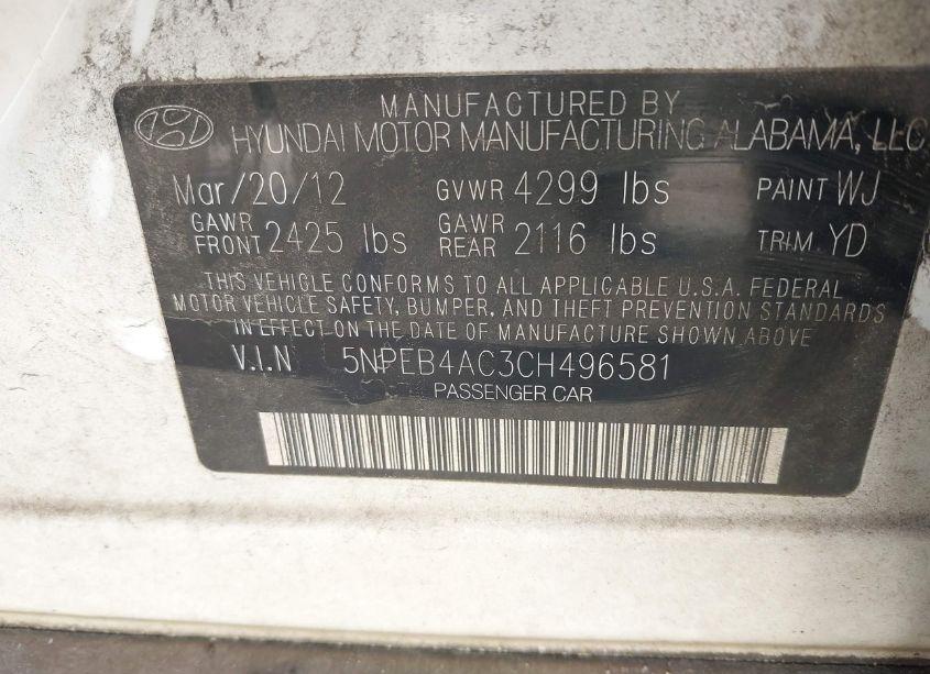 Photo 9 of 2012 Hyundai Sonata GLS (VIN 5NPEB4AC3CH496581)