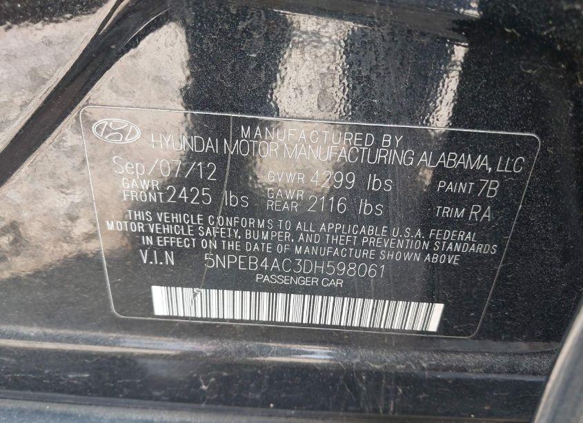 Photo 9 of 2013 Hyundai Sonata GLS (VIN 5NPEB4AC3DH598061)