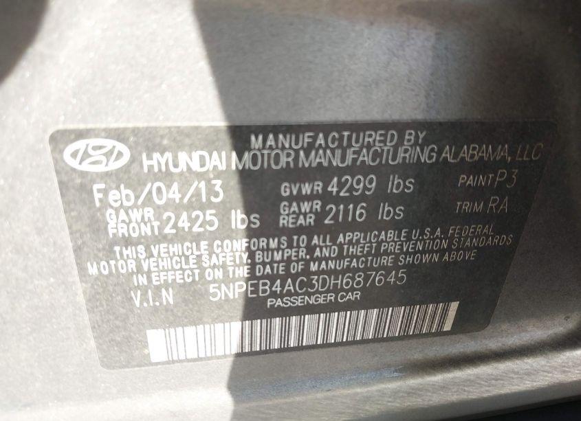 Photo 9 of 2013 Hyundai Sonata GLS (VIN 5NPEB4AC3DH687645)