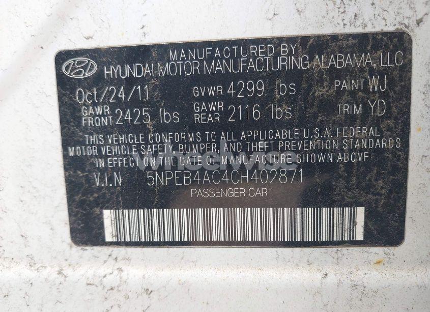 Photo 9 of 2012 Hyundai Sonata GLS (VIN 5NPEB4AC4CH402871)