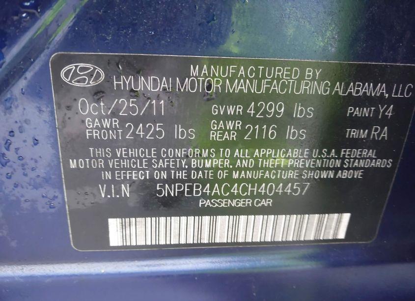 Photo 9 of 2012 Hyundai Sonata GLS (VIN 5NPEB4AC4CH404457)