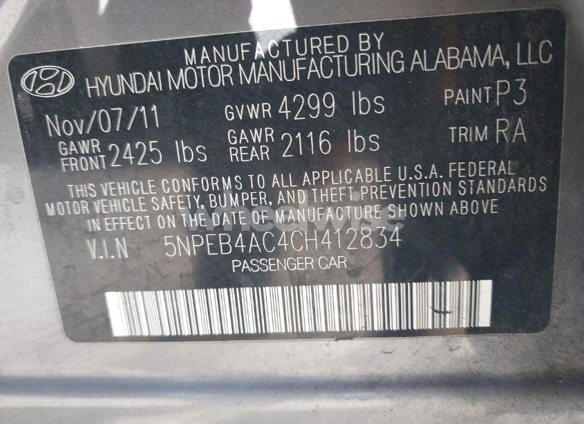 Photo 9 of 2012 Hyundai Sonata GLS (VIN 5NPEB4AC4CH412834)