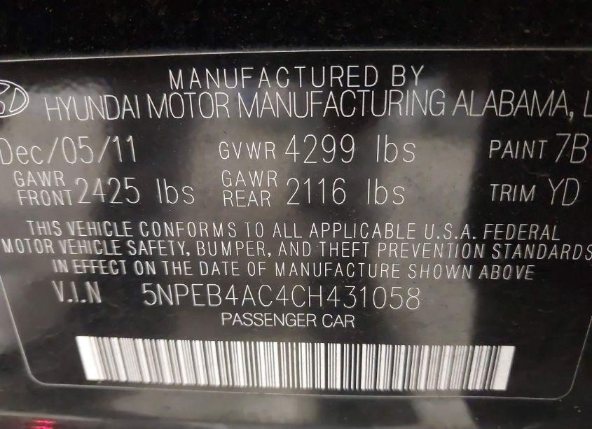 Photo 9 of 2012 Hyundai Sonata GLS (VIN 5NPEB4AC4CH431058)