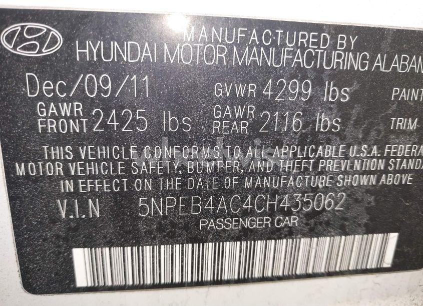 Photo 9 of 2012 Hyundai Sonata GLS (VIN 5NPEB4AC4CH435062)