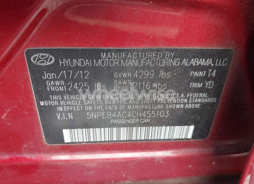Photo 9 of 2012 Hyundai Sonata GLS (VIN 5NPEB4AC4CH455103)