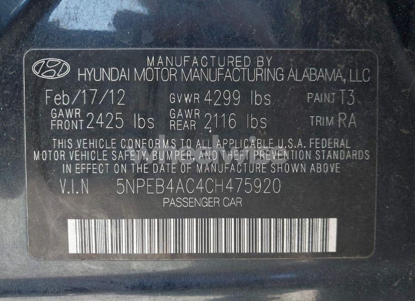 Photo 9 of 2012 Hyundai Sonata GLS (VIN 5NPEB4AC4CH475920)