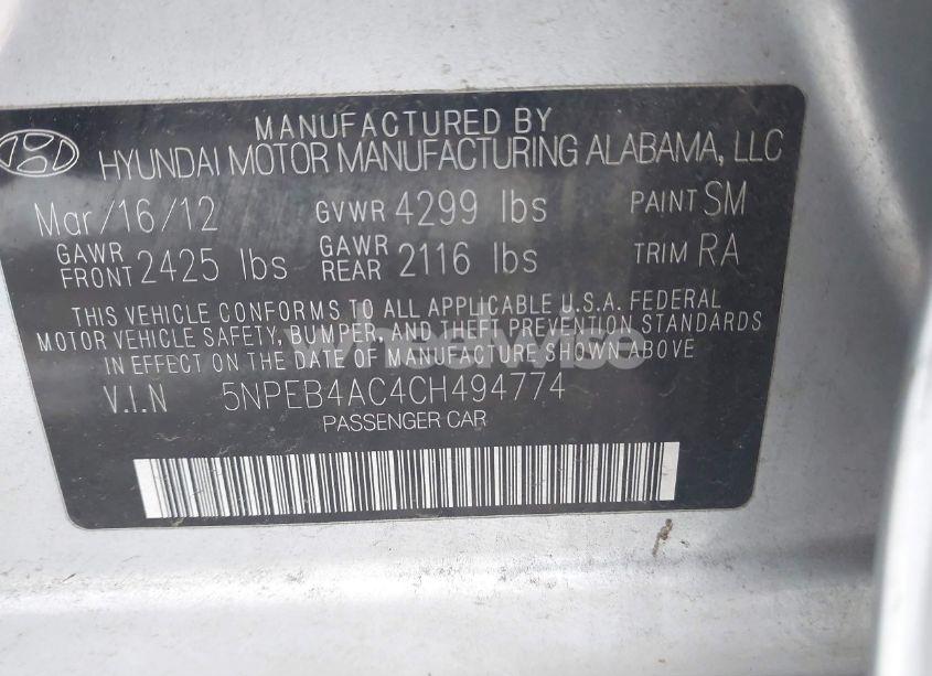 Photo 9 of 2012 Hyundai Sonata GLS (VIN 5NPEB4AC4CH494774)
