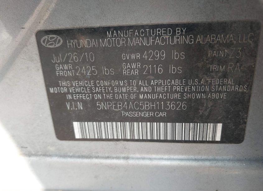 Photo 9 of 2011 Hyundai Sonata GLS (VIN 5NPEB4AC5BH113626)
