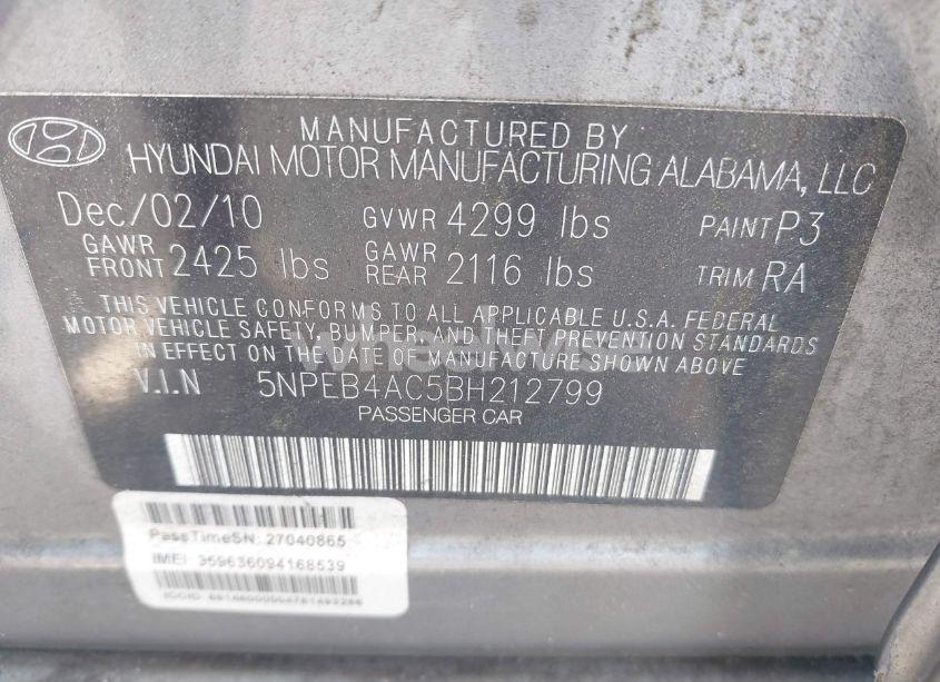 Photo 9 of 2011 Hyundai Sonata GLS (VIN 5NPEB4AC5BH212799)