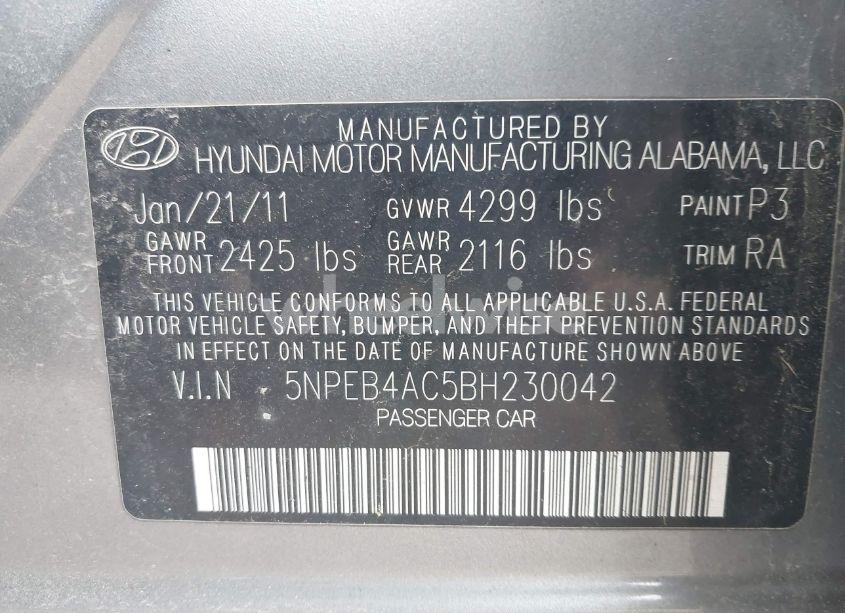 Photo 9 of 2011 Hyundai Sonata GLS (VIN 5NPEB4AC5BH230042)
