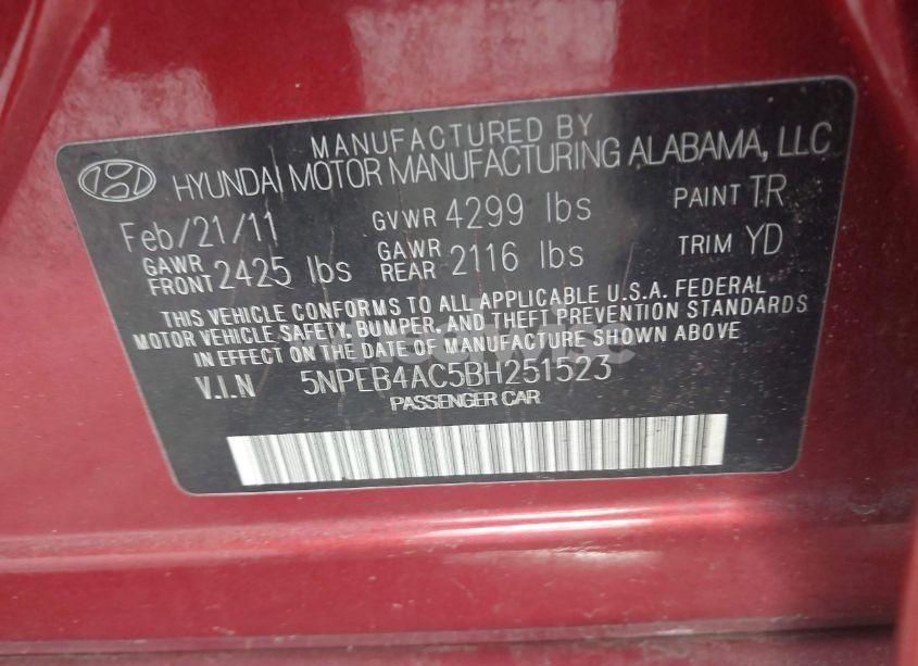 Photo 9 of 2011 Hyundai Sonata GLS (VIN 5NPEB4AC5BH251523)