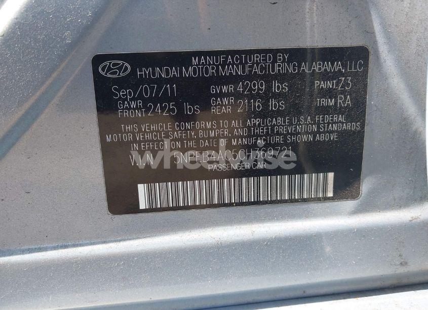 Photo 9 of 2012 Hyundai Sonata GLS (VIN 5NPEB4AC5CH369721)