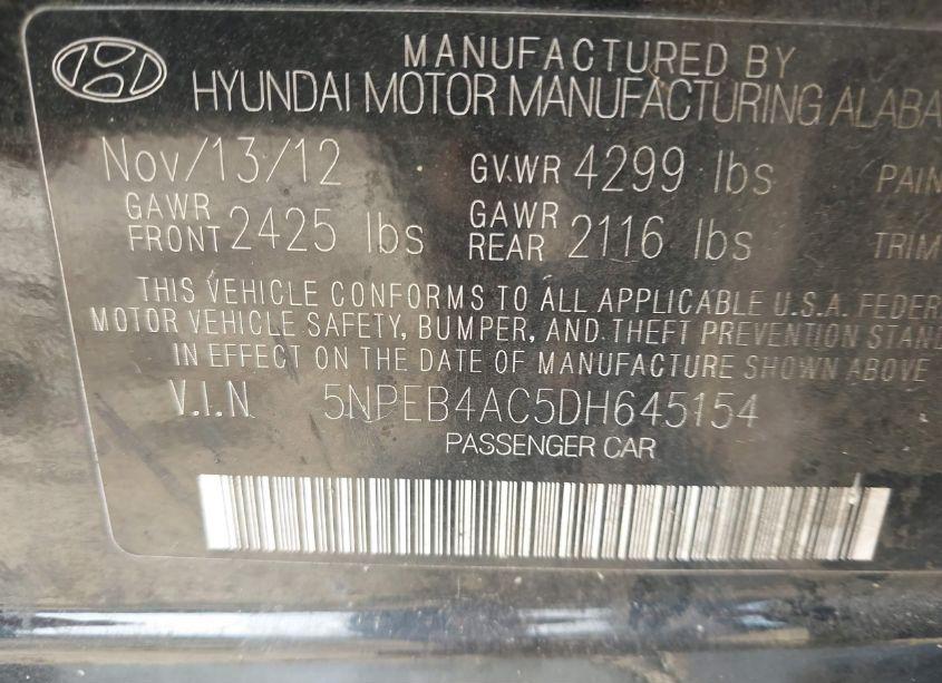 Photo 9 of 2013 Hyundai Sonata GLS (VIN 5NPEB4AC5DH645154)