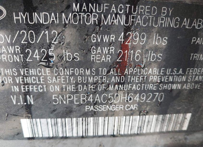 Photo 9 of 2013 Hyundai Sonata GLS (VIN 5NPEB4AC5DH649270)