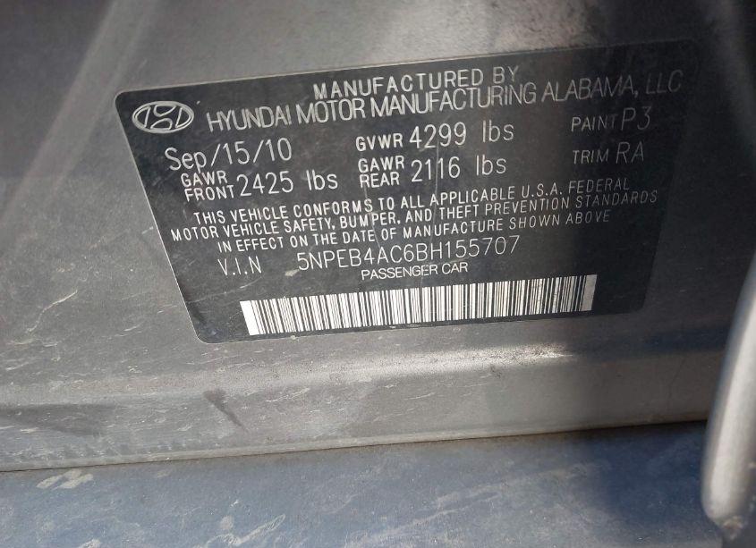 Photo 9 of 2011 Hyundai Sonata GLS (VIN 5NPEB4AC6BH155707)