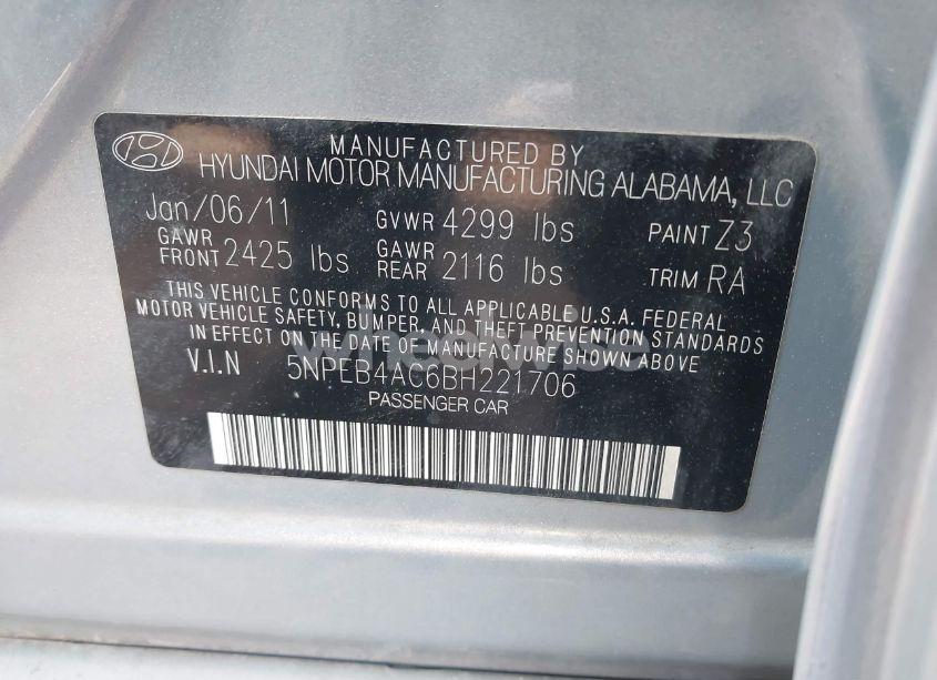 Photo 9 of 2011 Hyundai Sonata GLS (VIN 5NPEB4AC6BH221706)