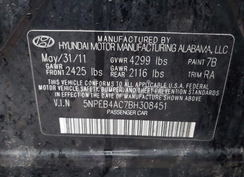Photo 9 of 2011 Hyundai Sonata GLS (VIN 5NPEB4AC7BH308451)