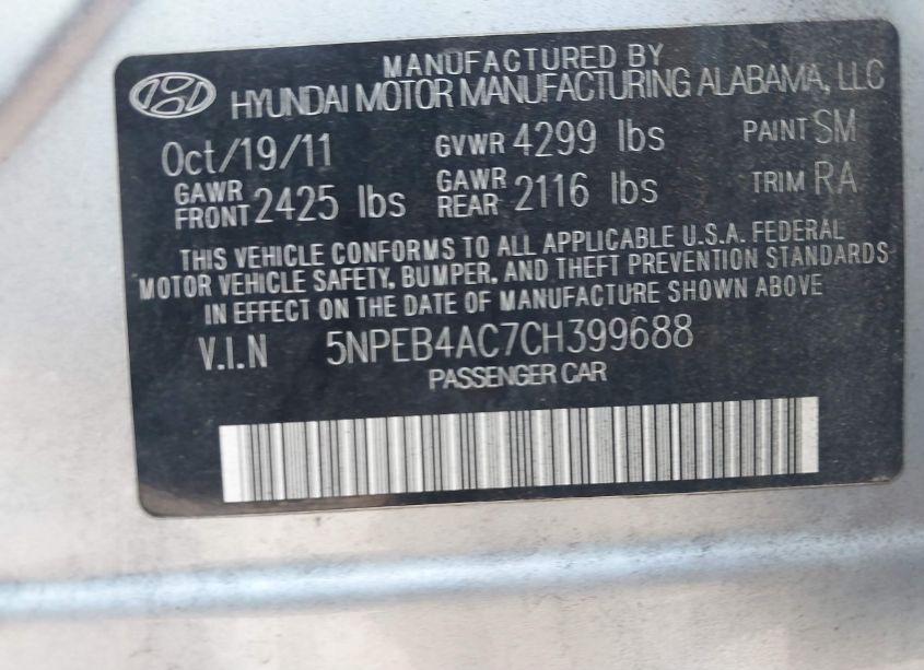 Photo 9 of 2012 Hyundai Sonata GLS (VIN 5NPEB4AC7CH399688)