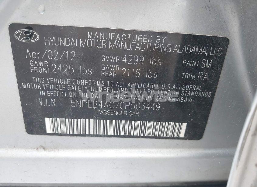 Photo 9 of 2012 Hyundai Sonata GLS (VIN 5NPEB4AC7CH503449)